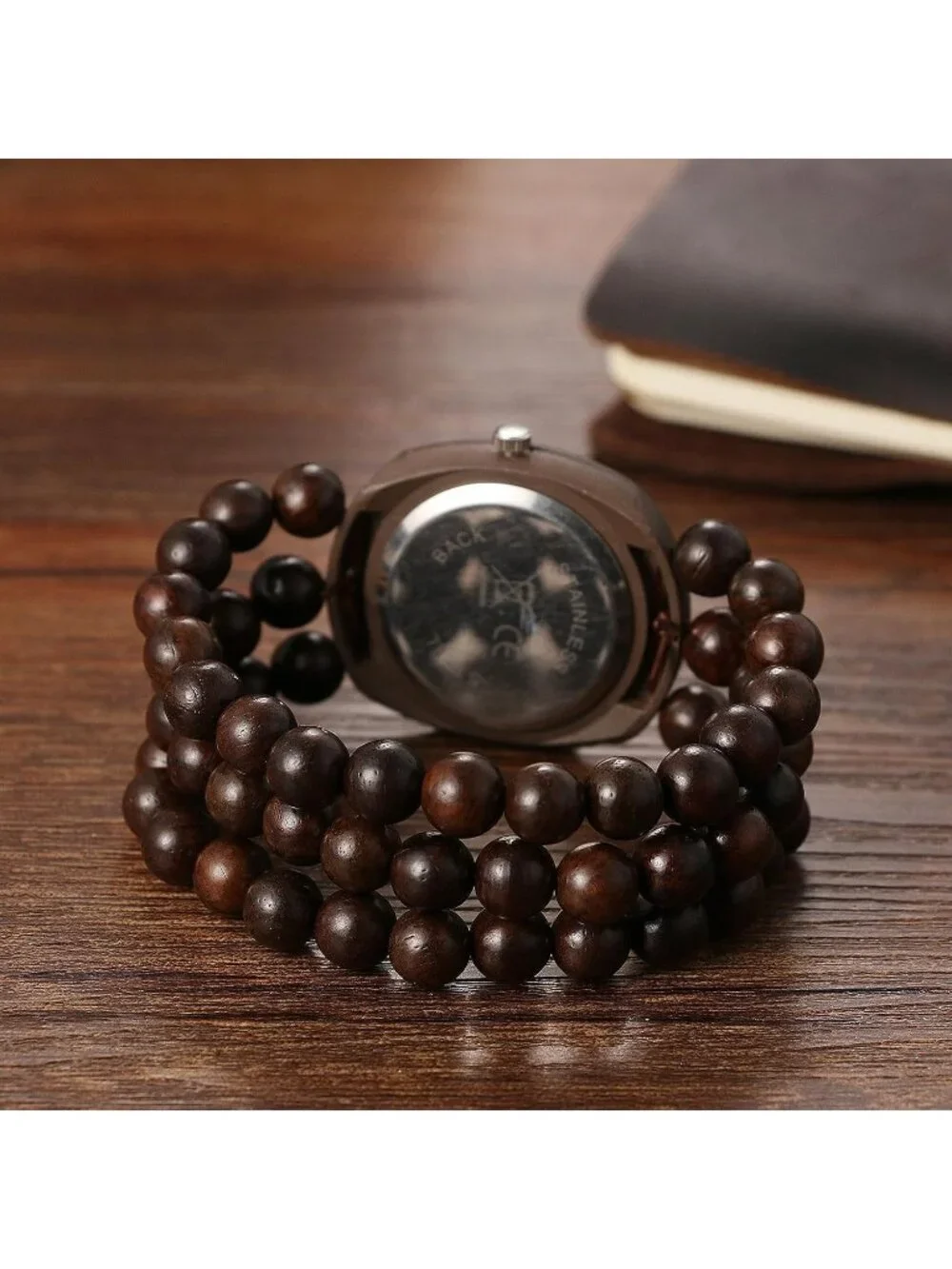 Women's Brown Boho Wood Bead Wreath Dial Floral Quartz Elastic Band Casual Watch